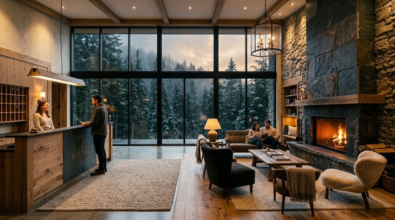 Lobby resortu s krbem a velkými okny do lesa