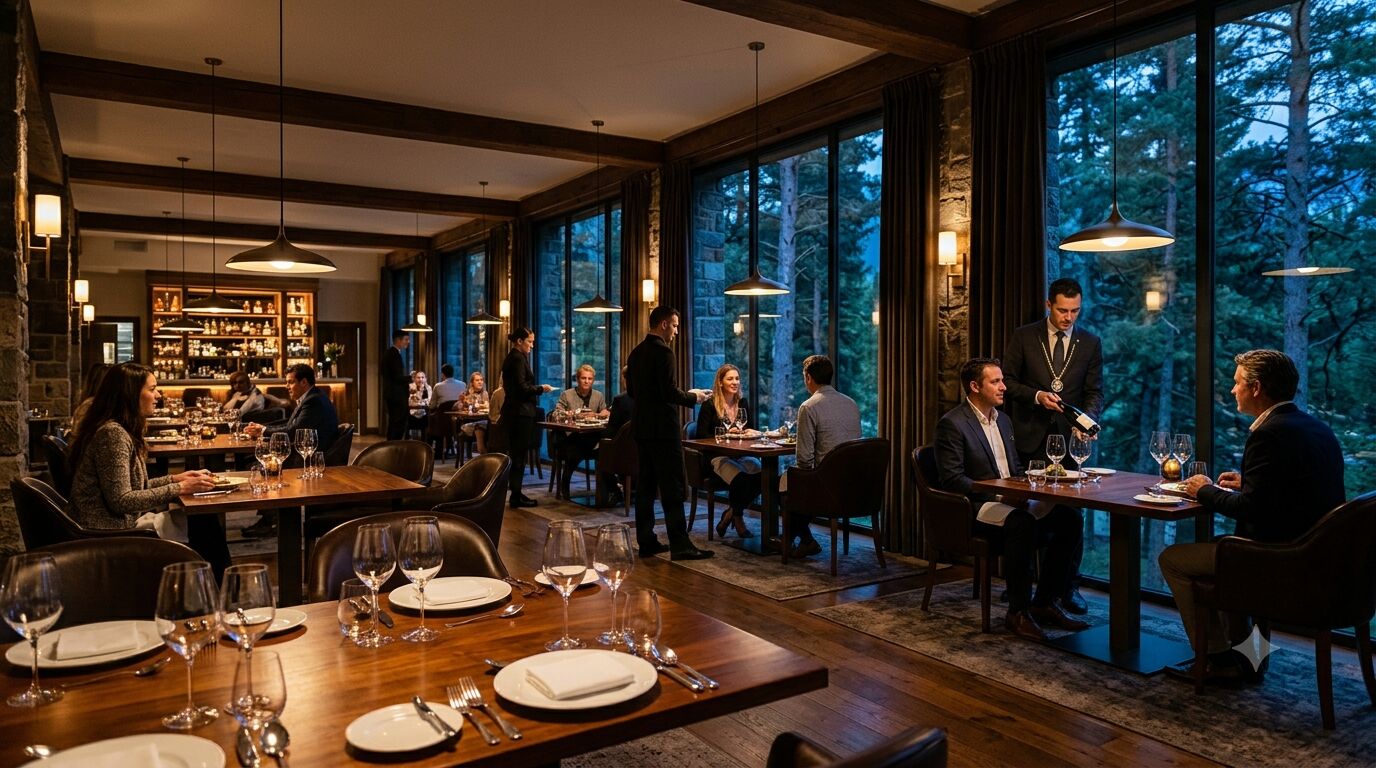 Večerní restaurace Arbor s výhledem do lesa